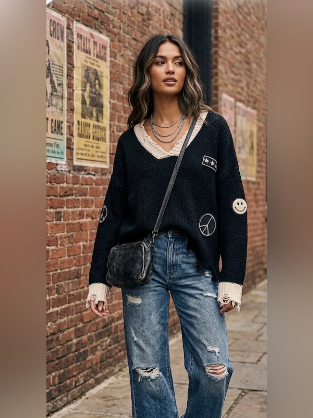 🖤 Vintage Havana Oversized Distressed Patch Sweater Size M ✨